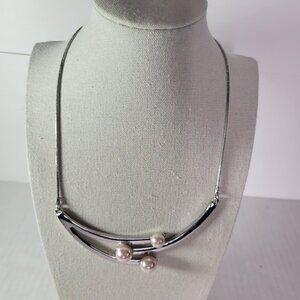 White House Black Market Silver-Tone Faux Pink Pearl Accent Bib Necklace